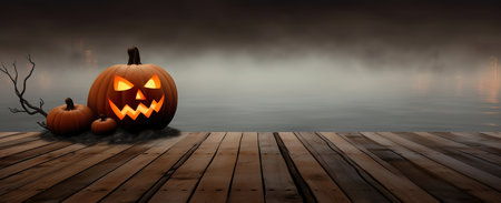 Halloween pumpkins on wooden deck with foggy background - 3D renderの素材