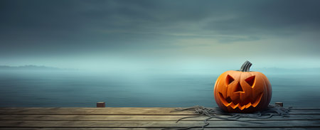 Halloween pumpkin on wooden table with sea background. 3d renderの素材