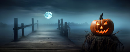 Halloween pumpkin on wooden pier with full moon background, 3d renderの素材