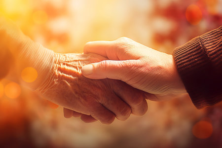 Elderly couple holding hands on abstract background. Close up.の素材