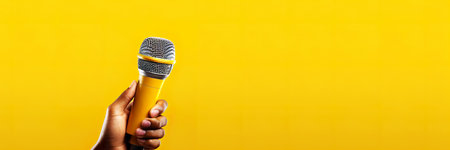 Microphone in hand on a yellow background. Banner with copy space.の素材