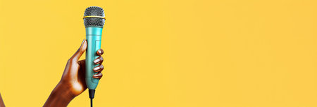 Human hand holding a microphone on a yellow background. 3d renderingの素材