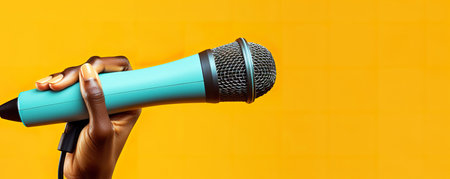 Microphone in hand on a yellow background. 3d rendering.の素材
