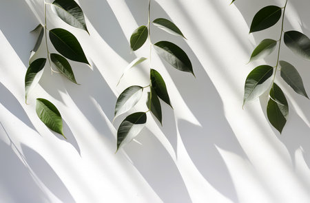 Green leaves on white wall with shadow. Minimal nature concept.の素材