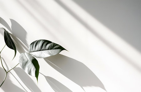 Ficus leaf on white wall with shadow. Flat lay, top viewの素材