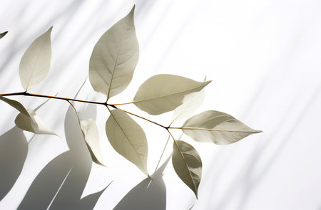 White leaves on a white background with shadows from the sun and sunlightの素材