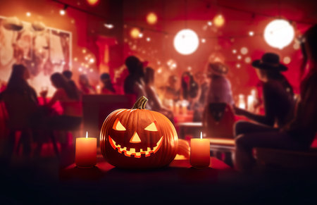 Halloween pumpkins and candles on the background of a night clubの素材