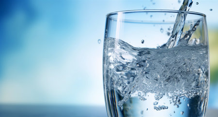 Glass of water with splashes on blurred background, close-upの素材