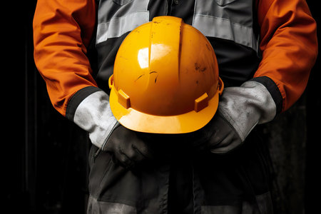 Worker holding a safety helmet on a black background. Close-up.の素材