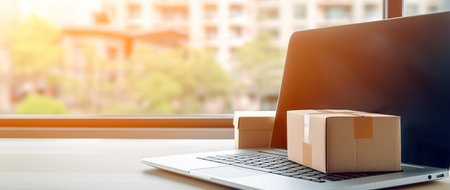 Laptop with parcel boxes on table, online shopping and delivery conceptの素材