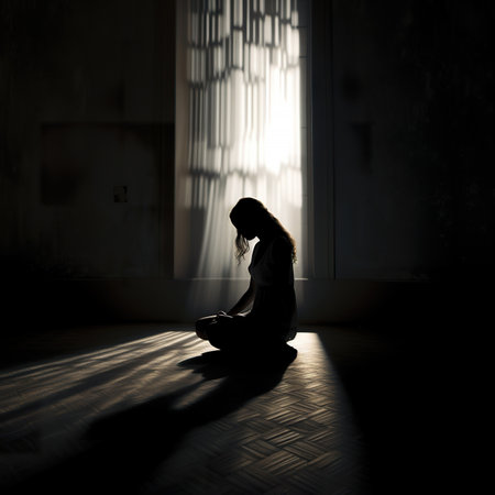 Silhouette of a woman praying in the dark room with sunlightの素材