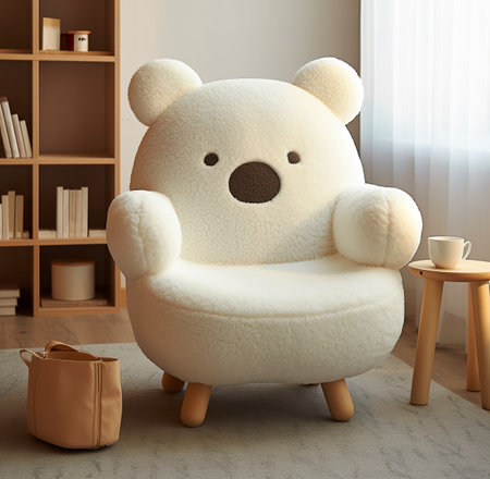 3D rendering of a teddy bear in a modern living roomの素材