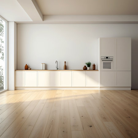 Interior of modern kitchen with white walls, wooden floor and white cupboards. 3d renderの素材