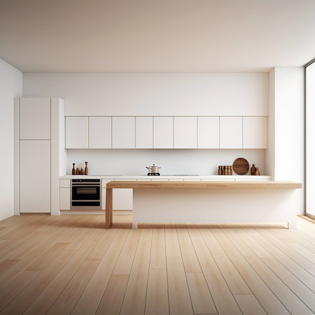 Interior of modern kitchen with white walls, wooden floor, white countertops and wooden cupboards. 3d renderingの素材