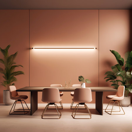 Interior of modern dining room with beige walls, concrete floor, long wooden table with brown chairs standing near it and potted plants. 3d renderingの素材