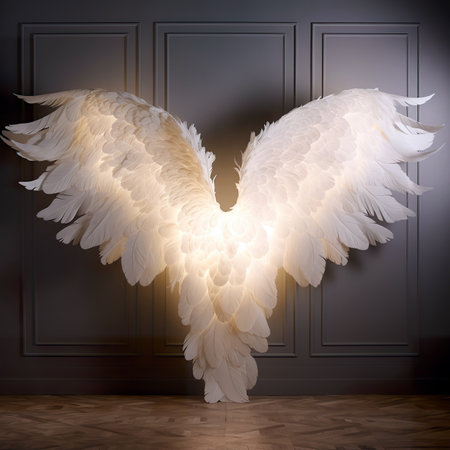 Angel wings in dark room. 3D rendering, 3d illustration.の素材