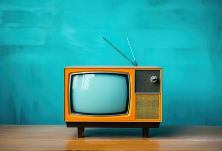 Retro TV on wooden table over turquoise wall background.の素材