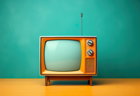 Retro TV on wooden table and green background. 3d renderingの素材