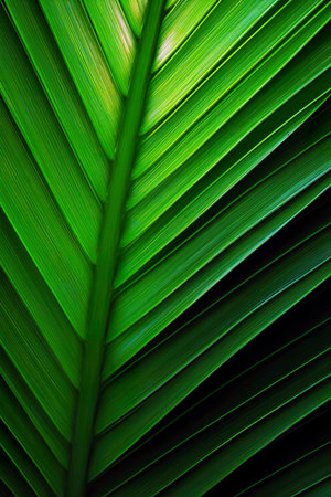 Green palm leaf texture for background. Close up of a green palm leaf.の素材