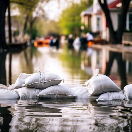 Sandbags on the bank of a canal in Amsterdam, Holland.の素材