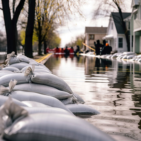 Sacks of sandbags laying on a flooded street in the Netherlandsの素材