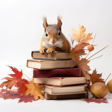 Eurasian red squirrel sitting on a stack of books with autumn leavesの素材