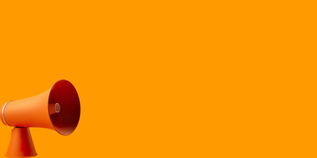 Orange megaphone on orange background with copy space. 3D renderingの素材
