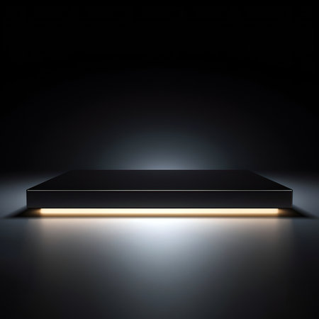 Empty black podium on dark background. Mock up, 3D Renderingの素材