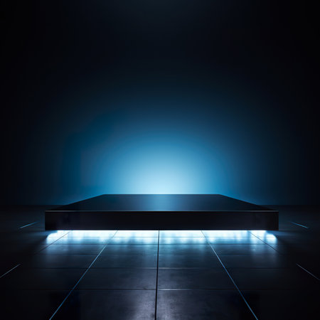 Empty black podium in dark room with blue spotlight. 3D Renderingの素材