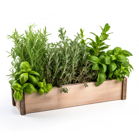 Fresh herbs in a wooden box isolated on white background. Basil, rosemary, thyme, oregano, rosemaryの素材