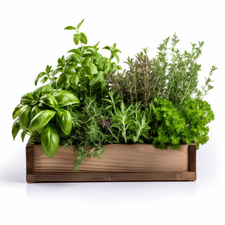 Variety of fresh herbs in wooden box isolated on white background. Basil, rosemary, thyme, parsley, oregano, basilの素材