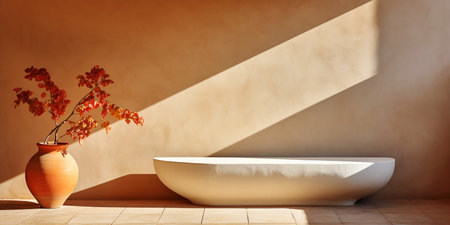 Bathroom interior with a white bathtub and a vase with autumn leavesの素材
