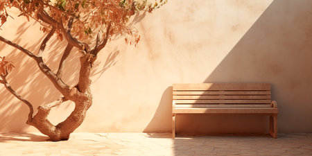 Wooden bench in front of orange wall. 3d rendering.の素材