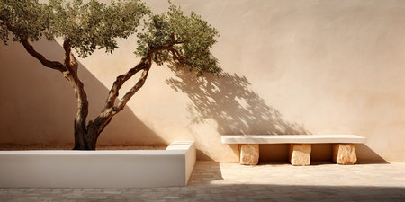 Olive tree and bench. 3d render. Mockup.の素材