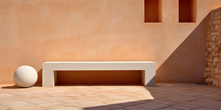 3d rendering of a white marble bench in front of an orange wallの素材