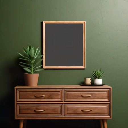 Wooden commode with plant in pot on green wall background. 3d renderの素材