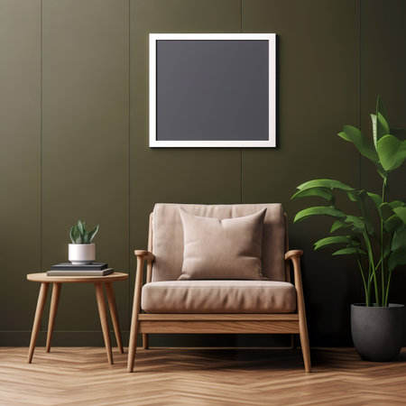 Interior of modern living room with armchair, coffee table and plants. Mock up poster frame. 3D renderの素材