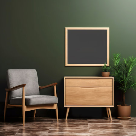 Interior of modern living room with wooden commode, armchair and plants. Mock up, 3D Renderingの素材