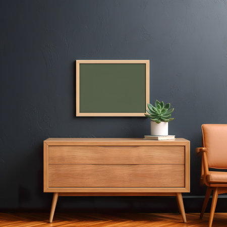 Interior of modern living room with wooden commode, chair and plant. Mock up, 3D Renderingの素材