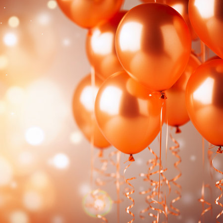 Orange balloons with ribbons on bokeh background. 3d renderingの素材