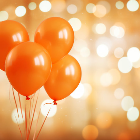 Celebration background with orange balloons and bokeh lights.の素材