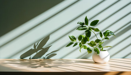 Green plant in a white vase on a wooden table against the background of a green wallの素材