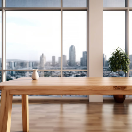Wooden table in modern living room interior with city view. Mock up, 3D Renderingの素材