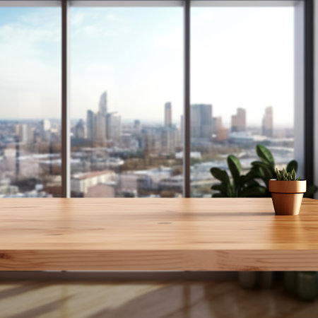 Wooden table in modern office with city view. 3d renderの素材