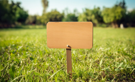 Blank wooden sign on green grass background, selective focus, vintage toneの素材