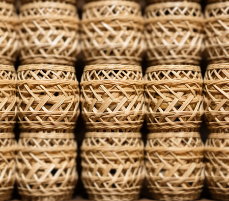 Wicker baskets in a store, close-up. Abstract backgroundの素材