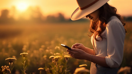 Beautiful young woman in hat using mobile phone in field at sunsetの素材