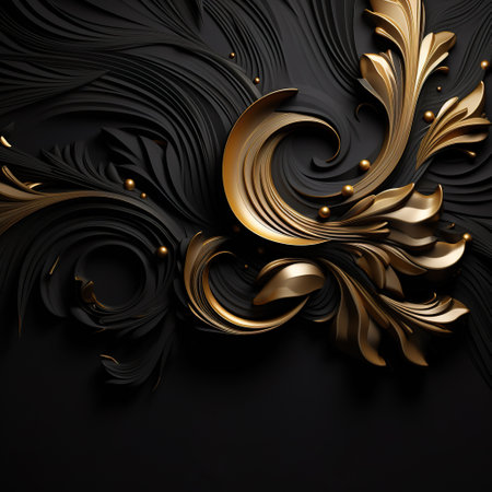 3d illustration of abstract black background with golden swirls and pearlsの素材