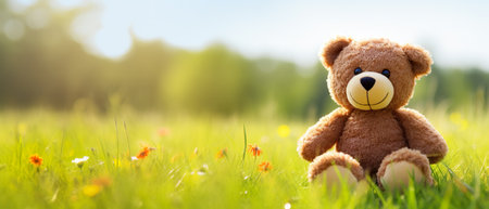 Teddy bear sitting on green grass with flowers in the background.の素材