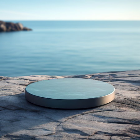 3d render of a round podium on the sea background. Mock upの素材